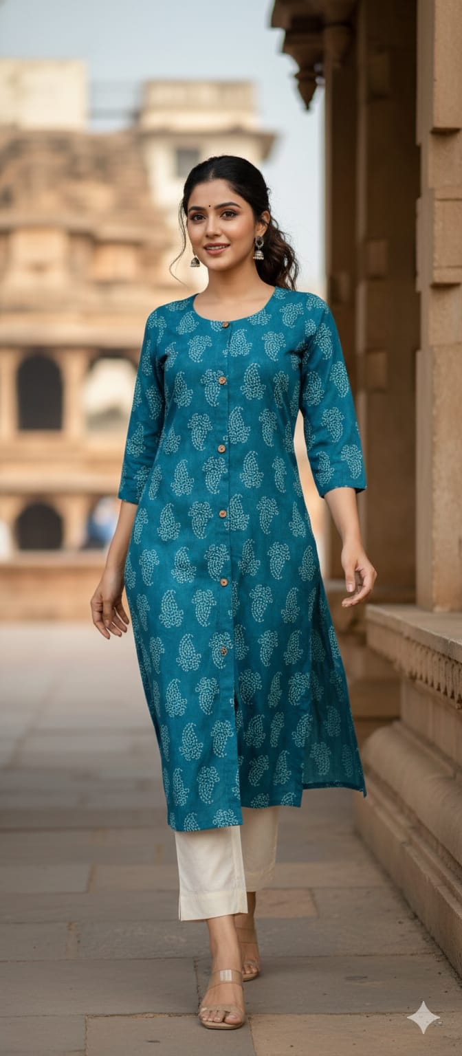 Mix Printed Cotton A-Line Kurti with Pockets & Round Neck | Label Anju Kumar