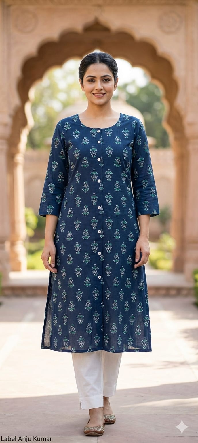 Mix Printed Cotton A-Line Kurti with Pockets & Round Neck | Label Anju Kumar