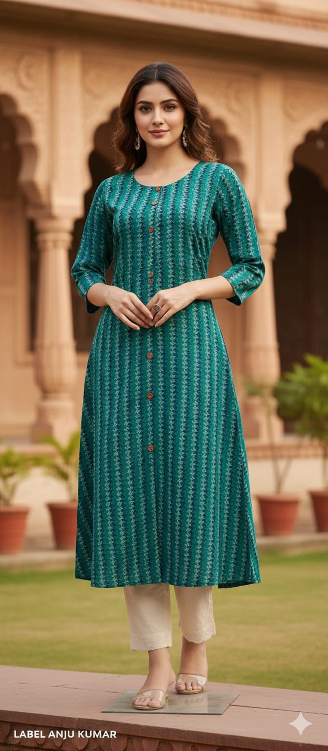 Mix Printed Cotton A-Line Kurti with Pockets & Round Neck | Label Anju Kumar