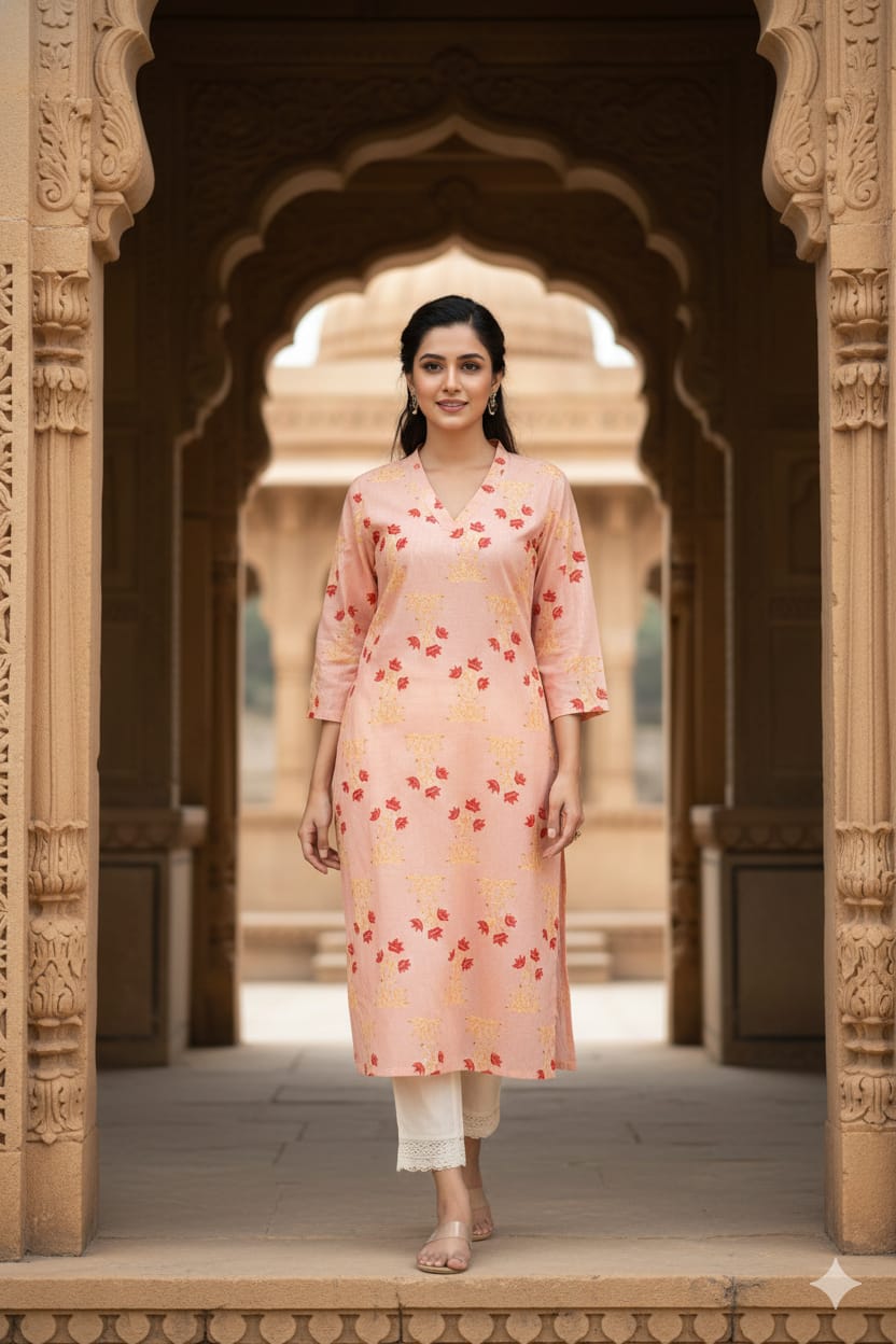 Multi-Colour Printed Cotton Kurti with V-Neckline | Label Anju Kumar