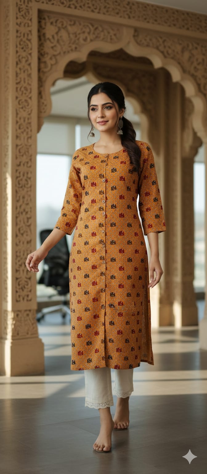 Mix Printed Cotton A-Line Kurti with Pockets & Round Neck | Label Anju Kumar