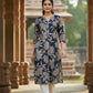 Navy Blue Cotton Printed Straight Kurti with Lace Neck Detailing | Label Anju Kumar