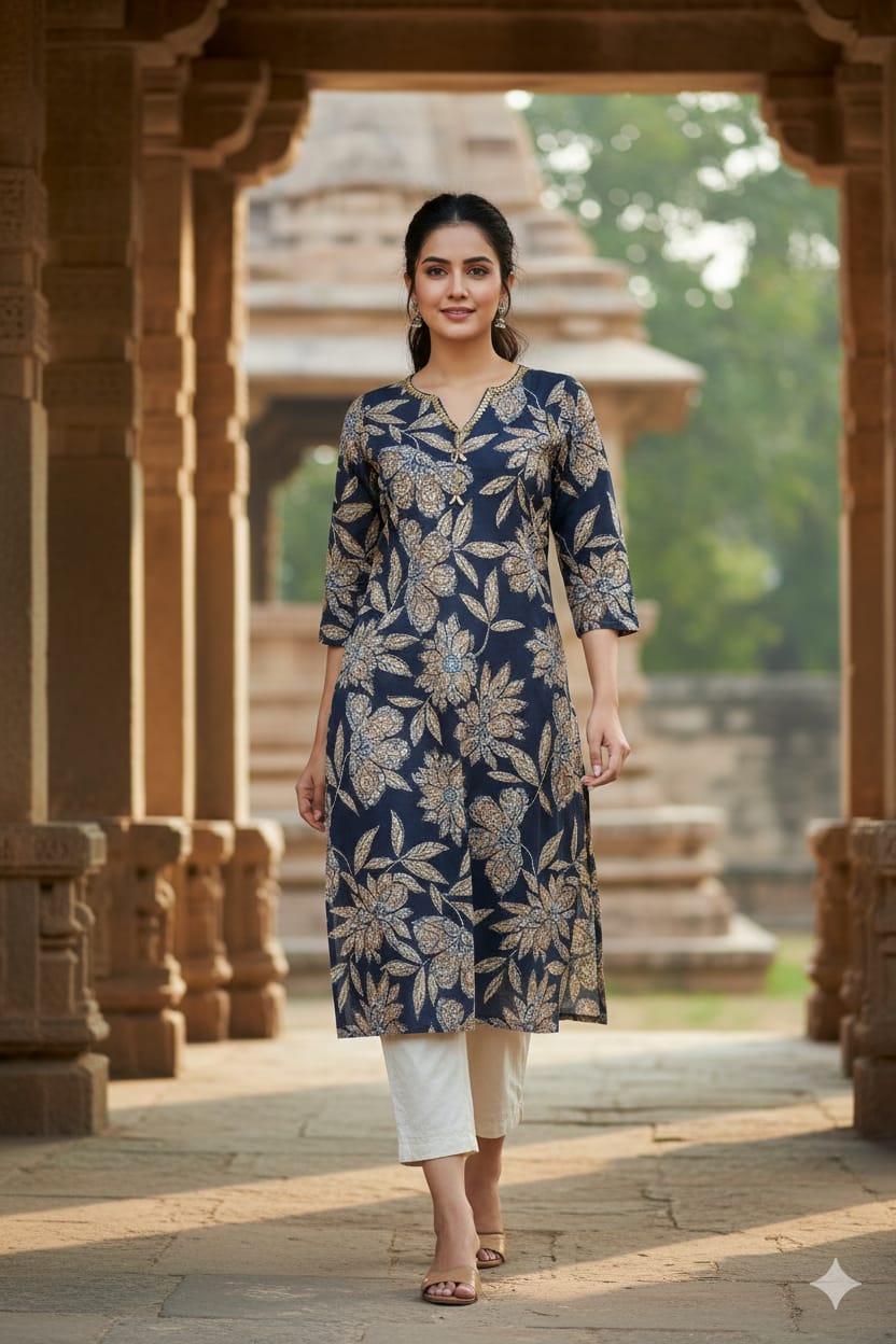 Navy Blue Cotton Printed Straight Kurti with Lace Neck Detailing | Label Anju Kumar