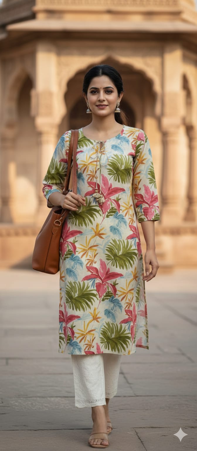 Printed Cotton Kurti with Round Neckline & Hanging Detail | Label Anju Kumar