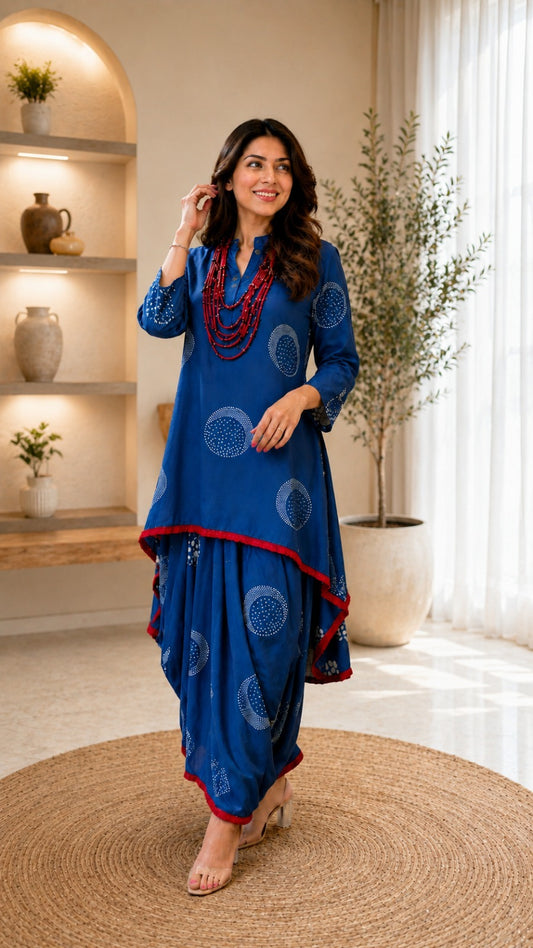 Royal Blue Modal Rayon Indo-Western One Piece Long Dress with Handmade Necklace