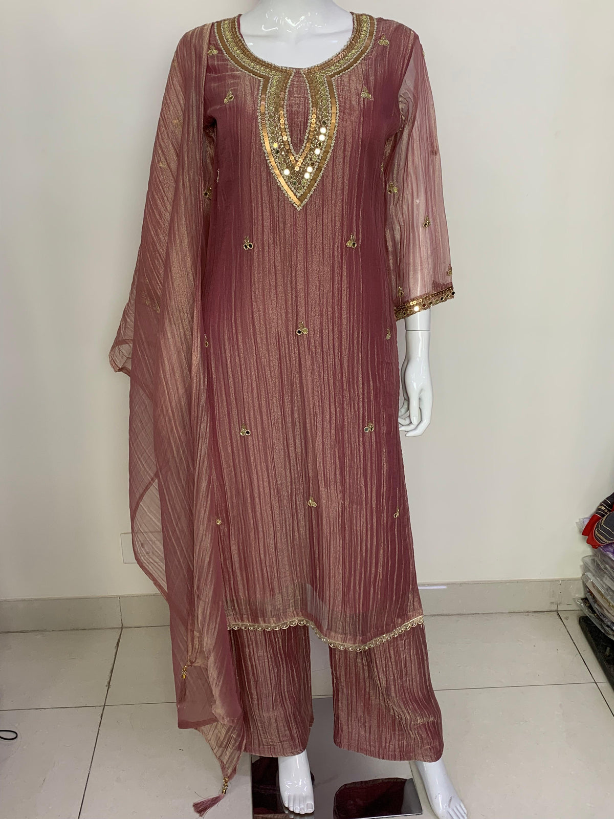 Pinkish/Light Wine Salsa Tissue Semi Formal Suit Dupatta Set for Women | Handwork Neck