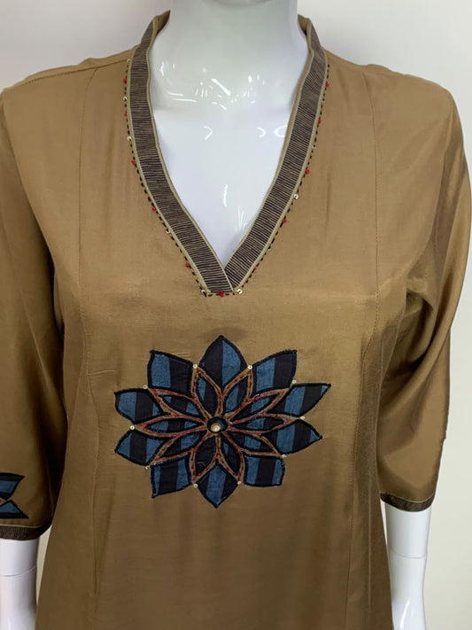 Beige Pure Muslin V-Neck Suit with Patchwork & Digital Print Dupatta