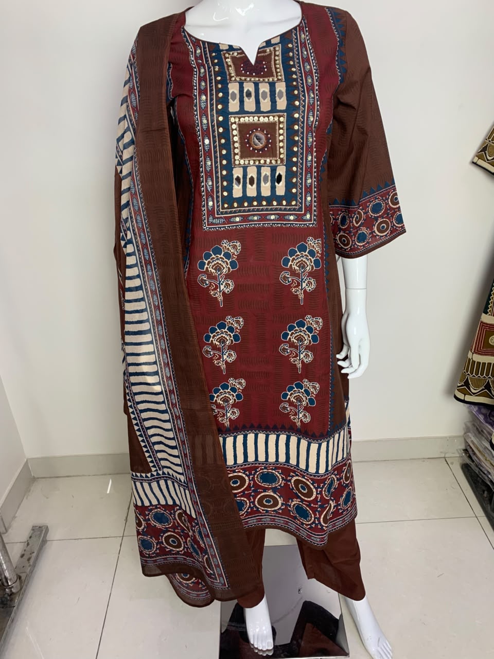 Brown Pure Cotton Pakistani-Style A-Line Suit with Mirror Work