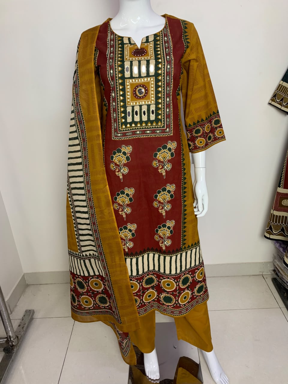Mustard Pure Cotton A-Line Suit with Mirror Work & Printed Dupatta