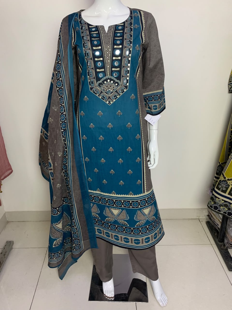 Grey Pure Cotton A-Line Suit with Mirror Work & Printed Dupatta