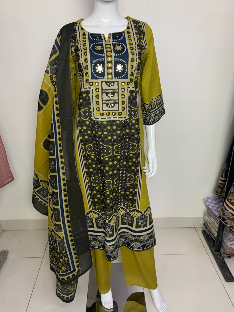 Green Pure Cotton A-Line Suit with Mirror Work & Dupatta