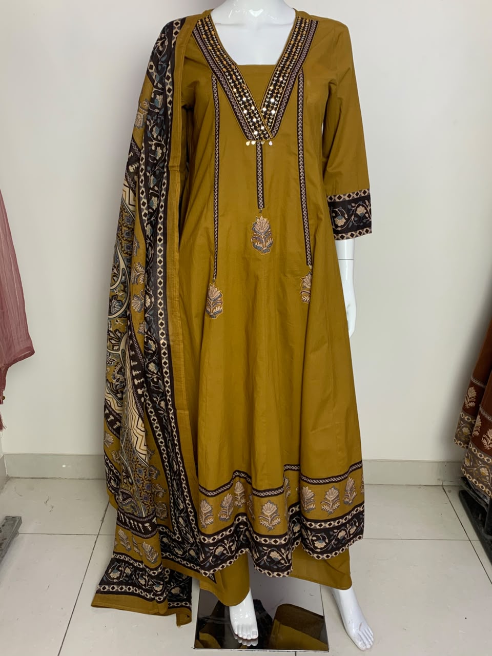Brown Pure Cotton Anarkali Suit with Patchwork & Coordinated Cotton Dupatta