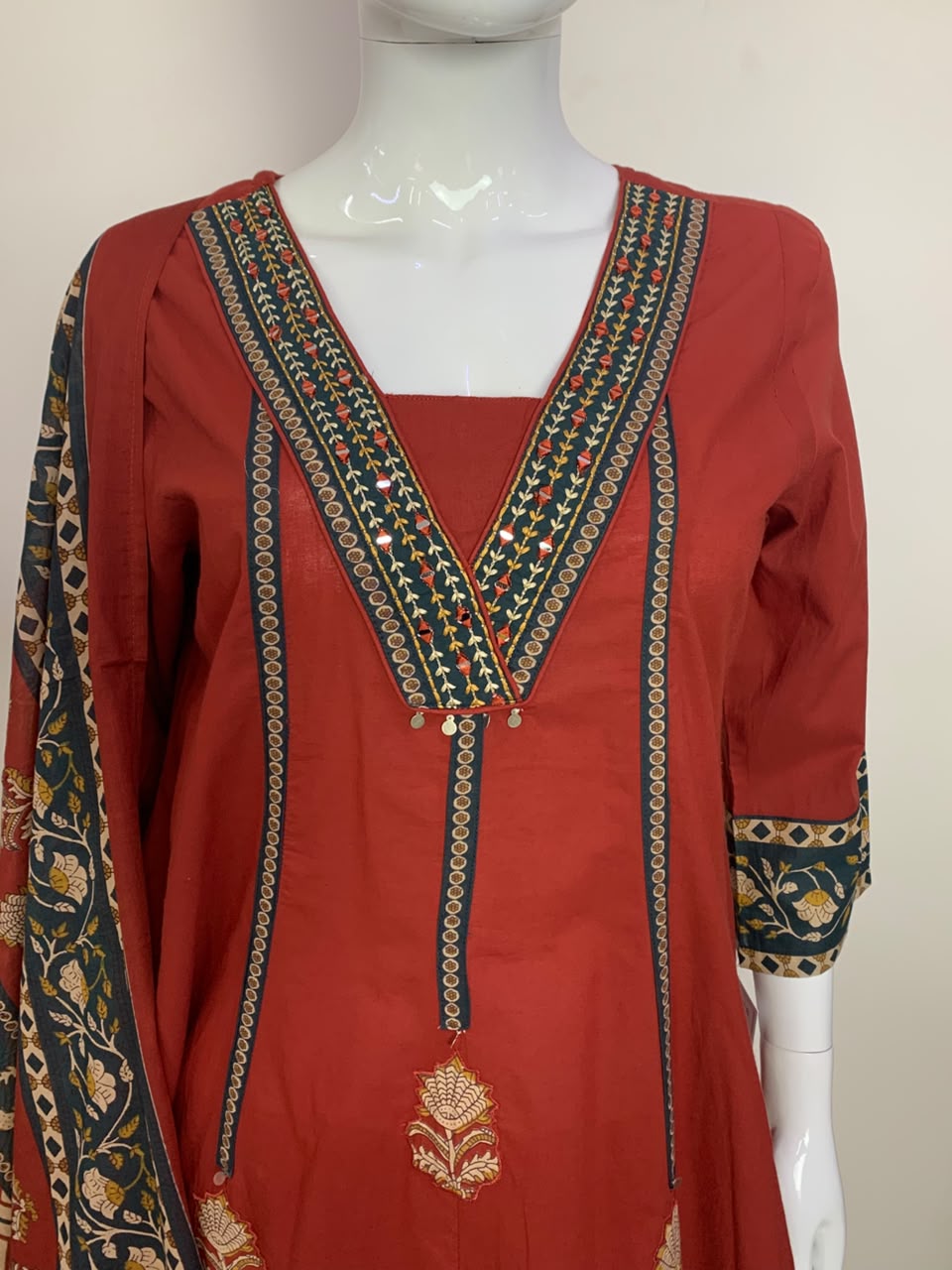Brown Pure Cotton Anarkali Suit with Patchwork & Coordinated Cotton Dupatta