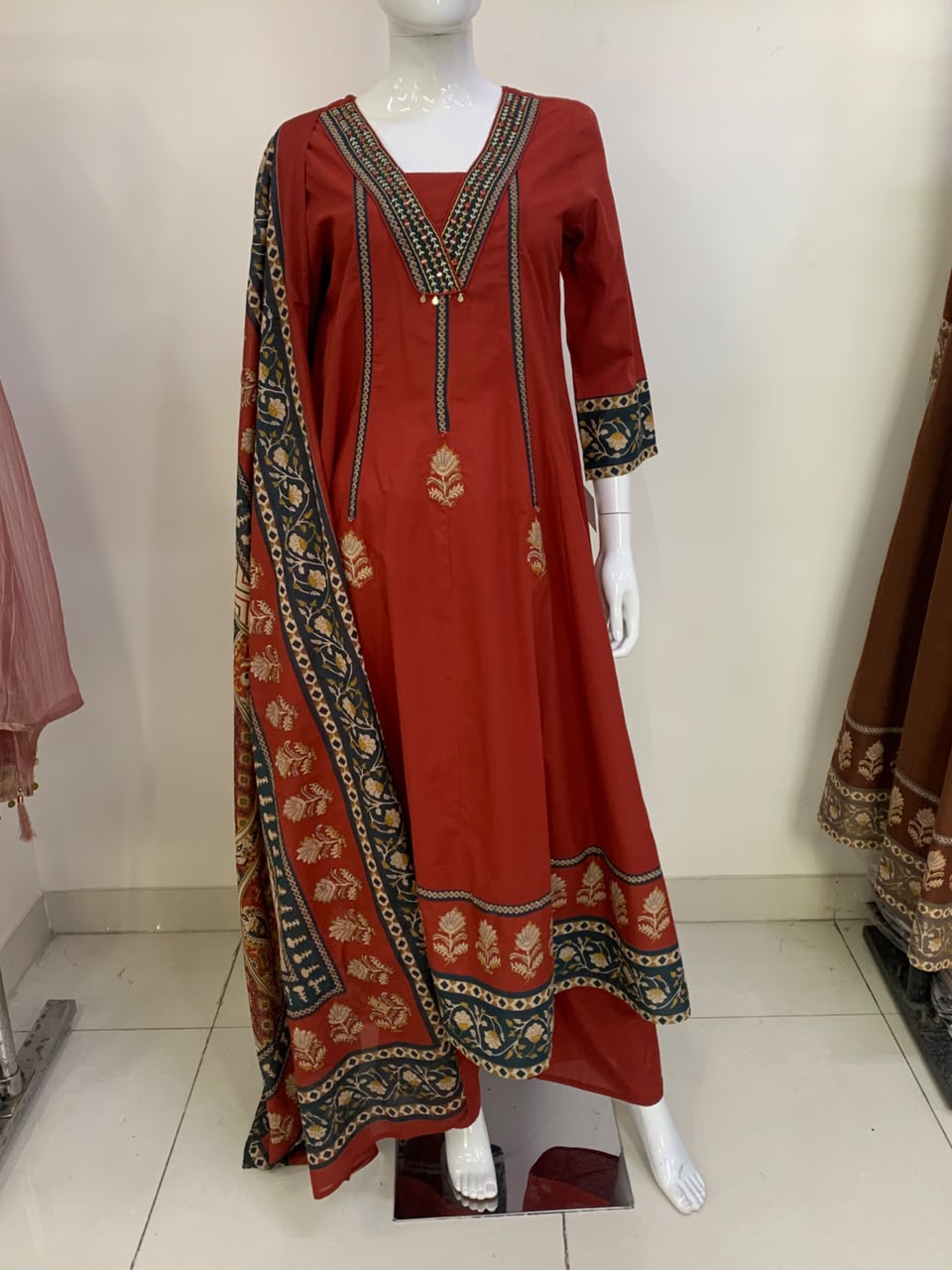 Brown Pure Cotton Anarkali Suit with Patchwork & Coordinated Cotton Dupatta