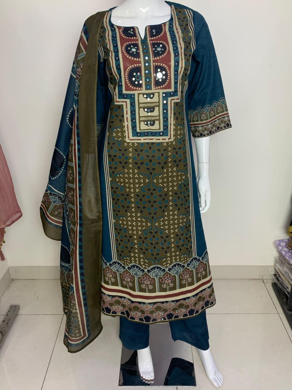 T-Blue Pure Cotton A-Line Suit with Mirror Work & Printed Dupatta