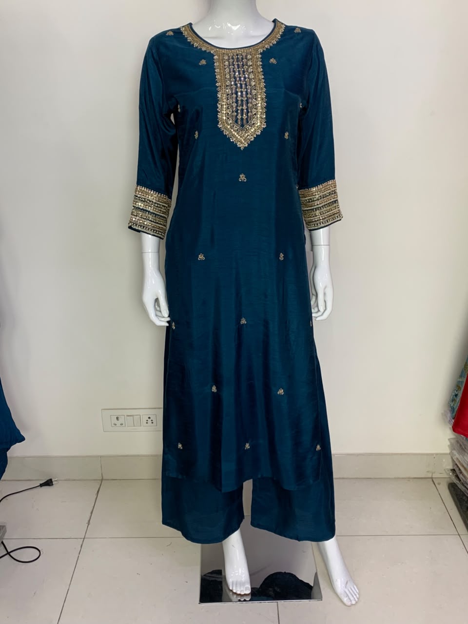 Magenta,Blue & Red Dola Silk Festive Straight Suit with Hand Embroidery & Organza Cutwork Dupatta