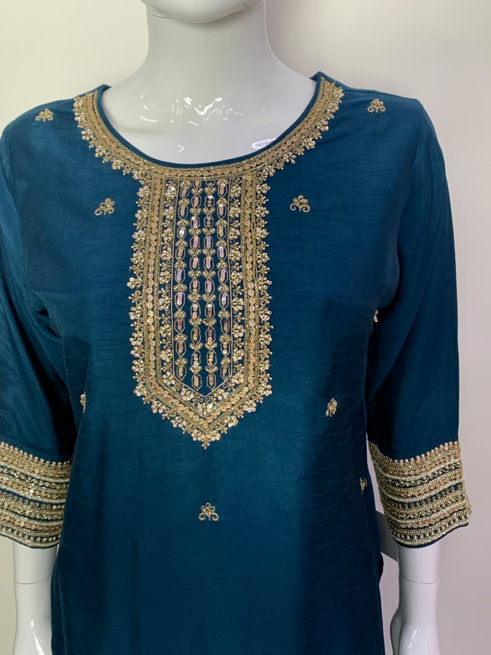 Magenta,Blue & Red Dola Silk Festive Straight Suit with Hand Embroidery & Organza Cutwork Dupatta