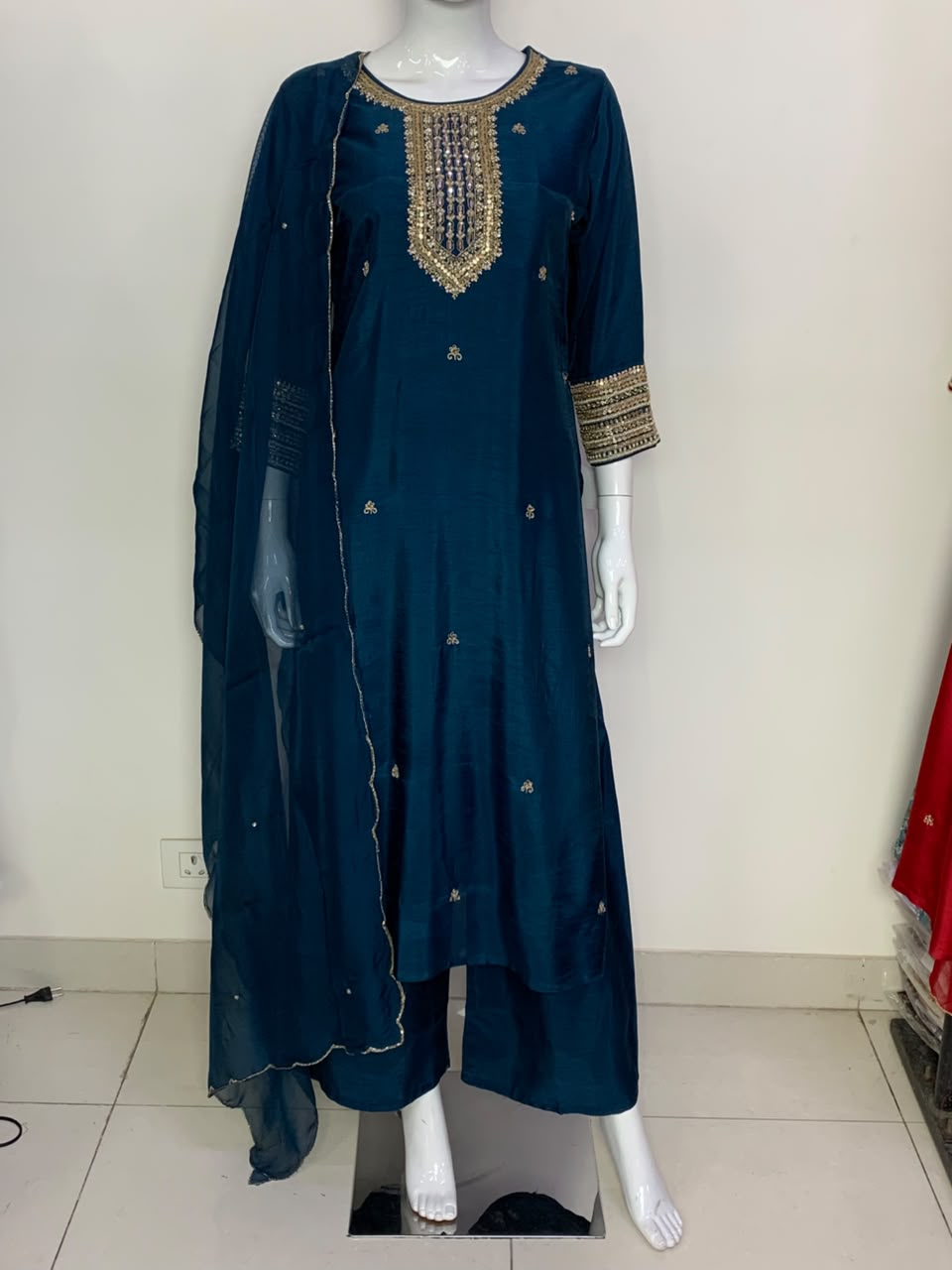 Magenta,Blue & Red Dola Silk Festive Straight Suit with Hand Embroidery & Organza Cutwork Dupatta