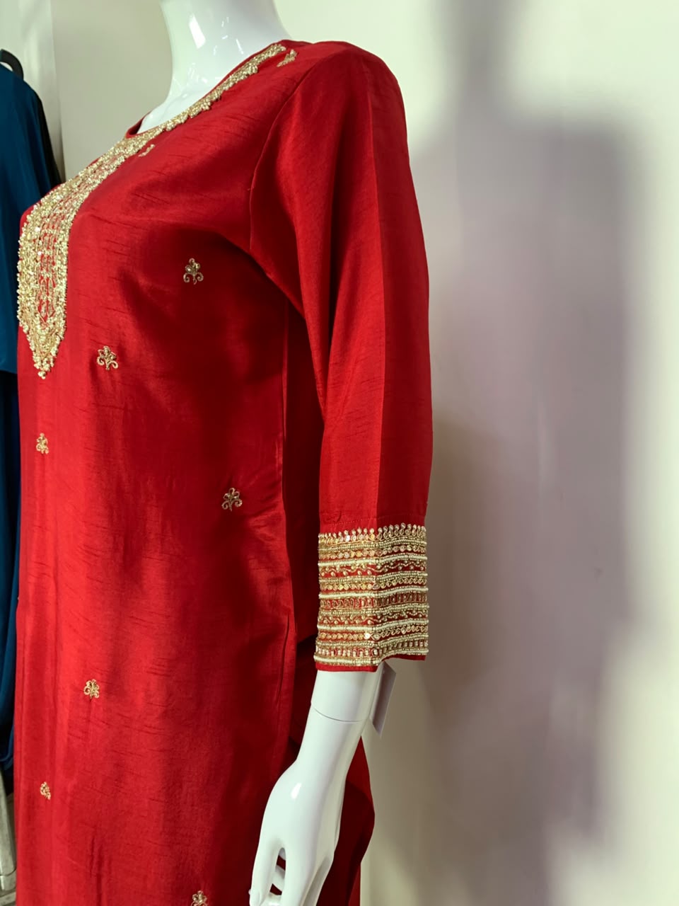 Magenta,Blue & Red Dola Silk Festive Straight Suit with Hand Embroidery & Organza Cutwork Dupatta
