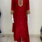 Magenta,Blue & Red Dola Silk Festive Straight Suit with Hand Embroidery & Organza Cutwork Dupatta