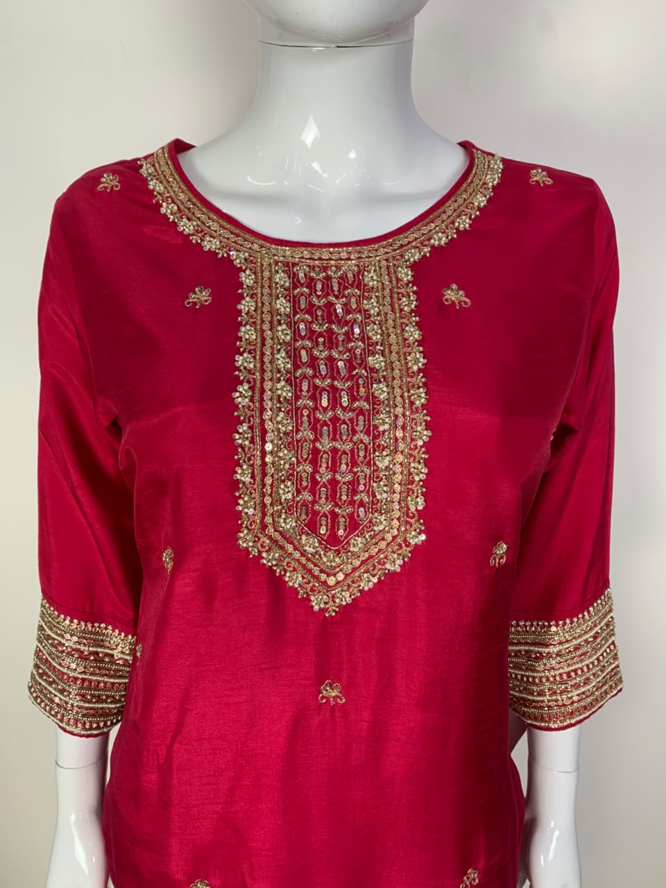 Magenta,Blue & Red Dola Silk Festive Straight Suit with Hand Embroidery & Organza Cutwork Dupatta