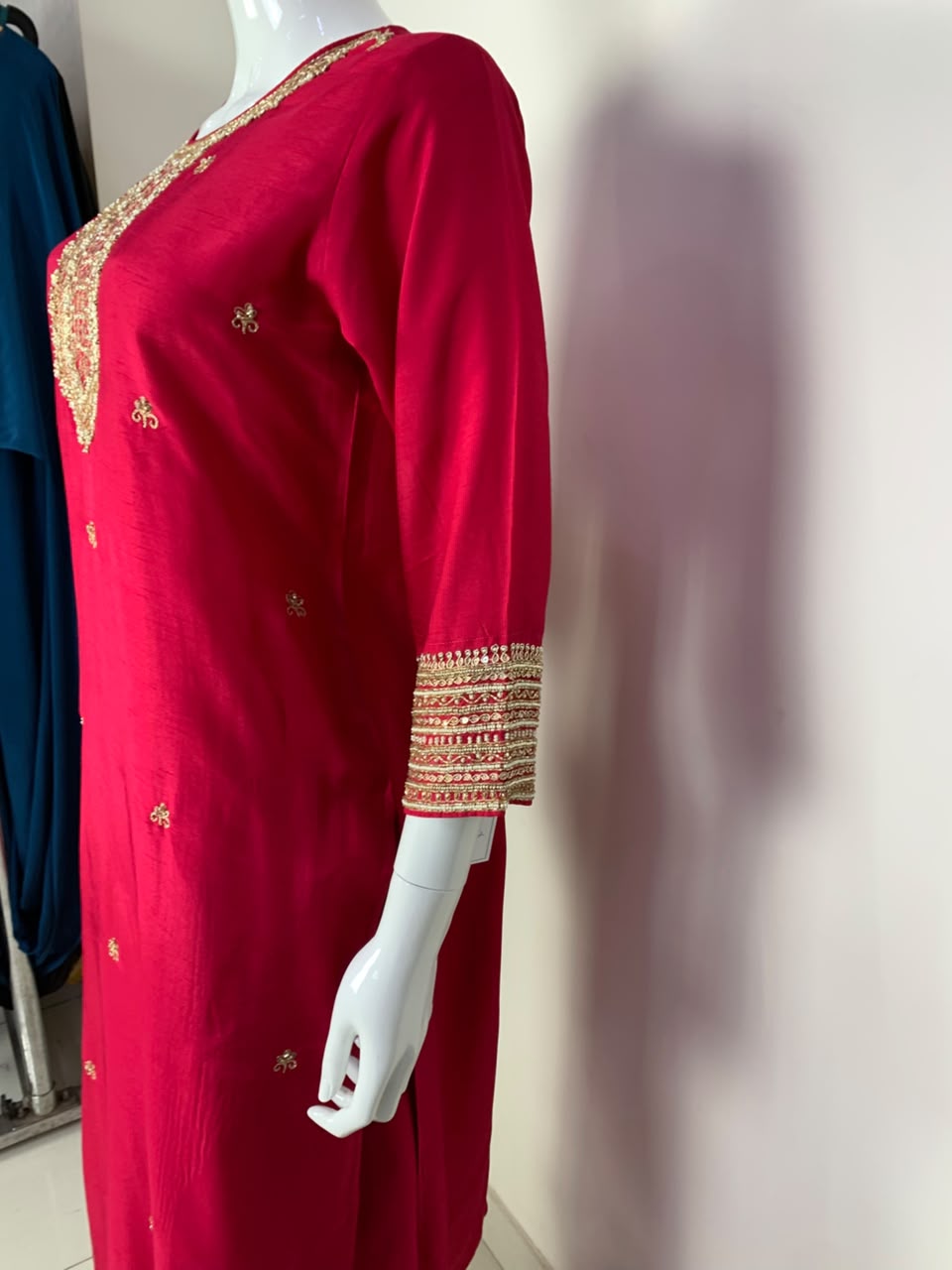 Magenta,Blue & Red Dola Silk Festive Straight Suit with Hand Embroidery & Organza Cutwork Dupatta