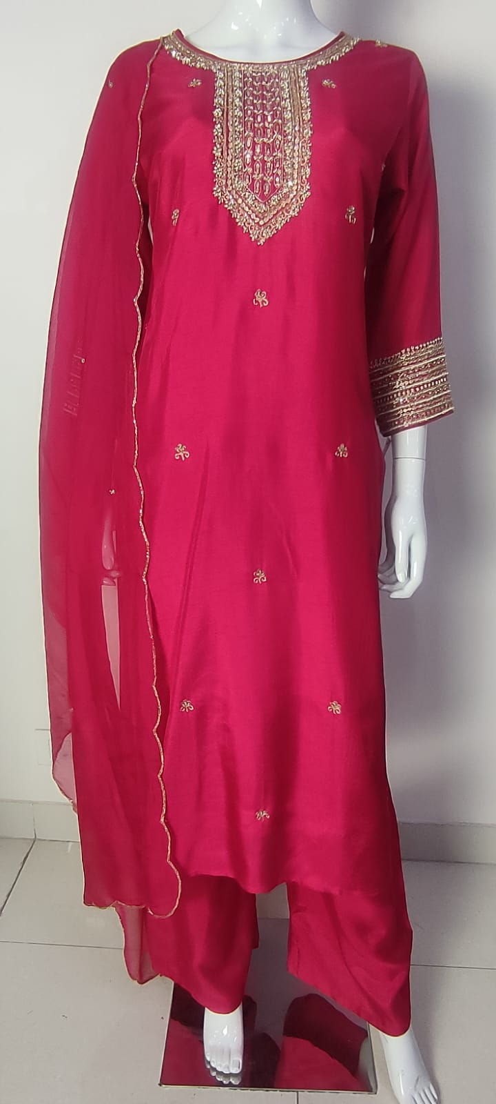 Magenta,Blue & Red Dola Silk Festive Straight Suit with Hand Embroidery & Organza Cutwork Dupatta