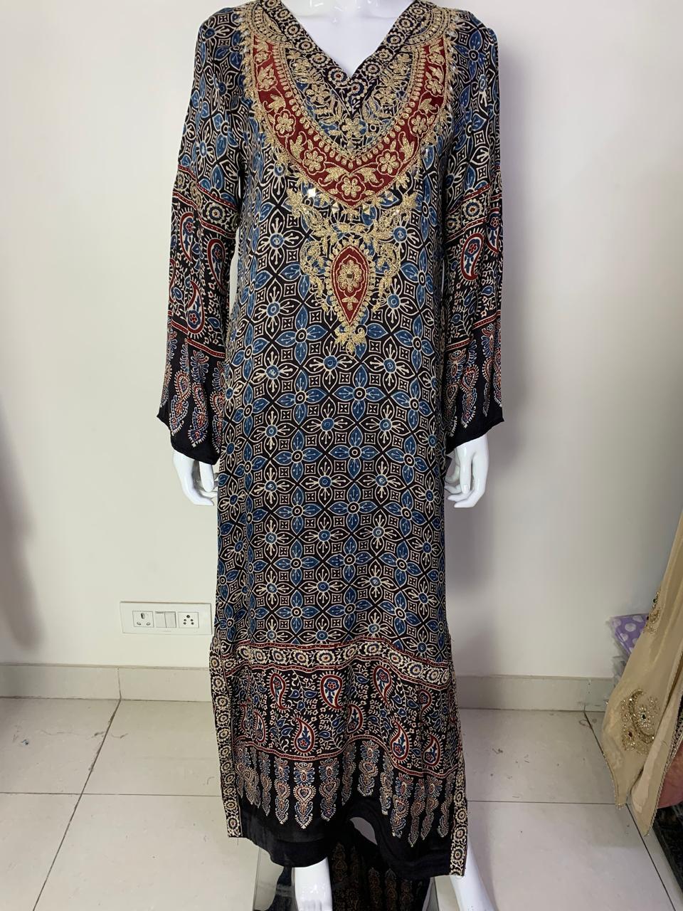 Blue Ajrakh Print Long One-Piece Dress in Pure Modal Satin with Zari & Mirror Work