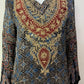 Blue Ajrakh Print Long One-Piece Dress in Pure Modal Satin with Zari & Mirror Work