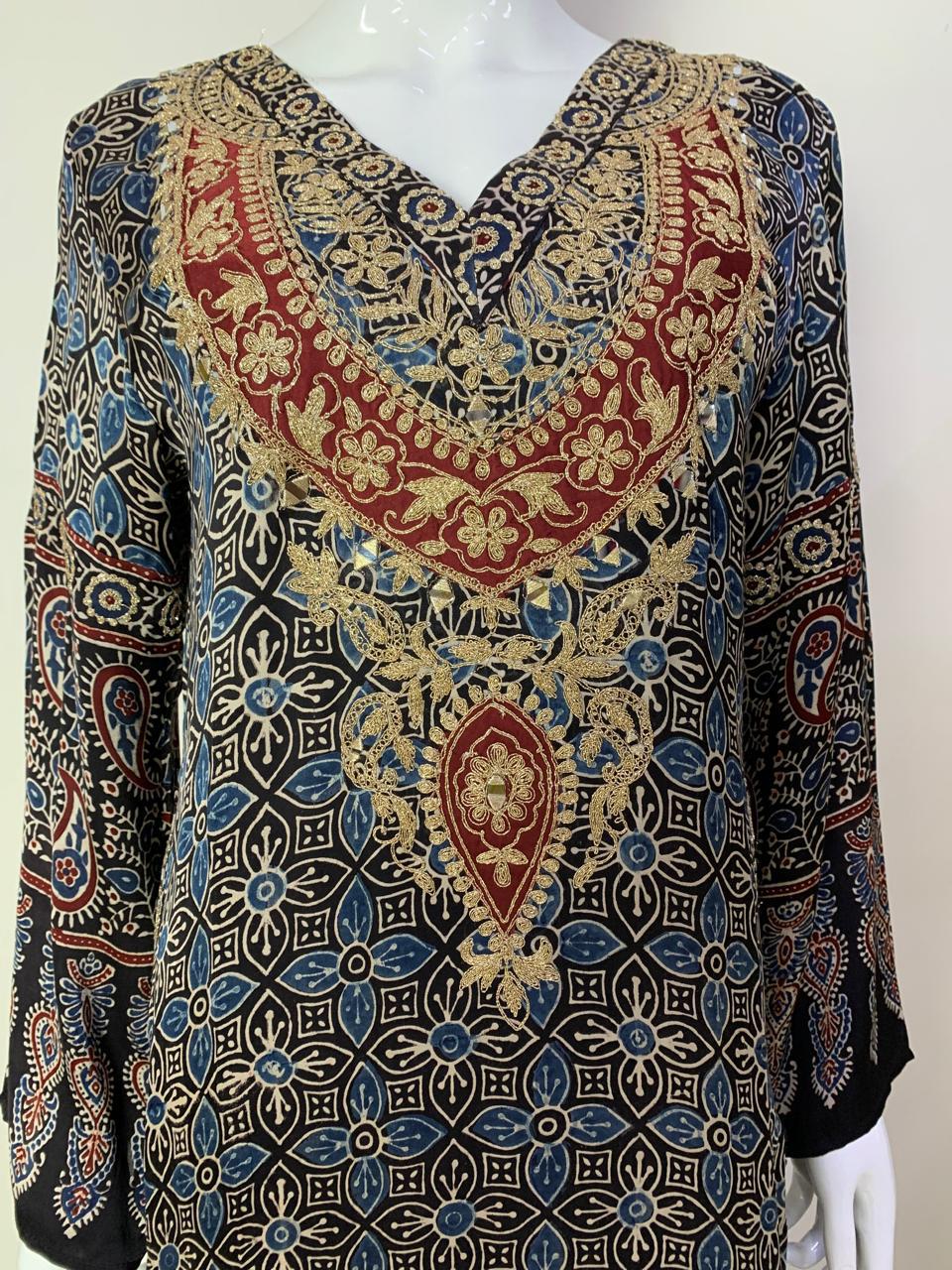 Blue Ajrakh Print Long One-Piece Dress in Pure Modal Satin with Zari & Mirror Work