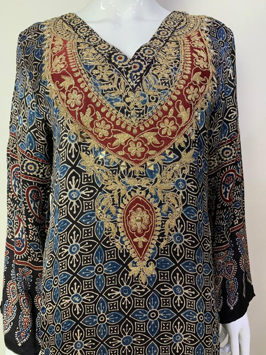 Blue Ajrakh Print Long One-Piece Dress in Pure Modal Satin with Zari & Mirror Work