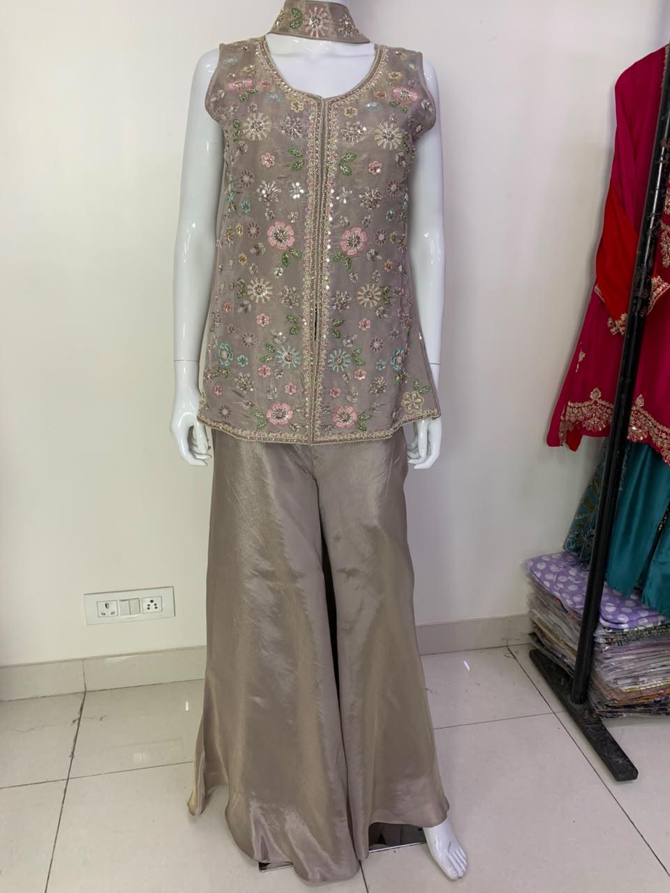 Grey Premium Tissue Sharara Suit with Hand Embroidered Choli & Necklace Dupatta
