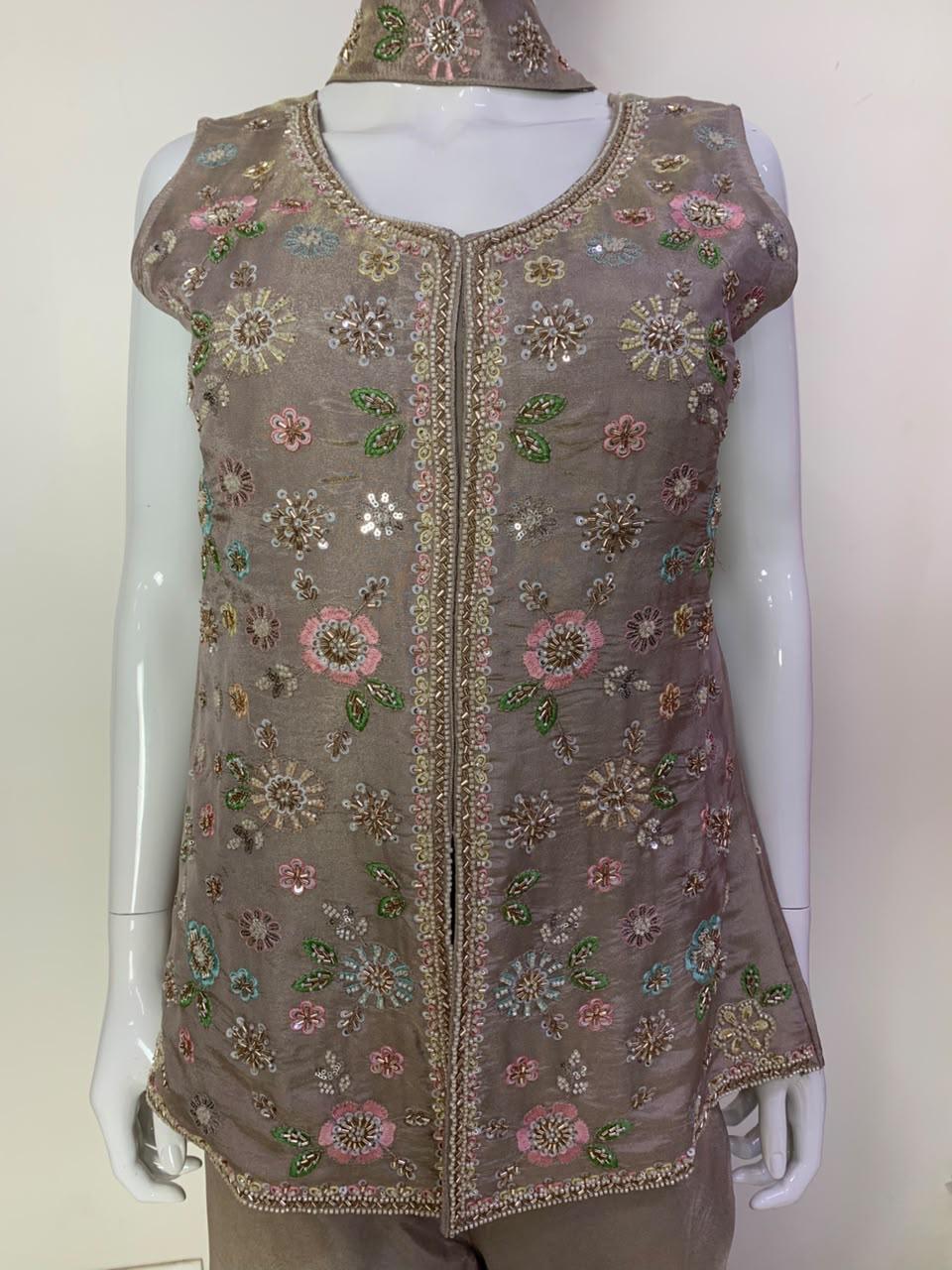 Grey Premium Tissue Sharara Suit with Hand Embroidered Choli & Necklace Dupatta