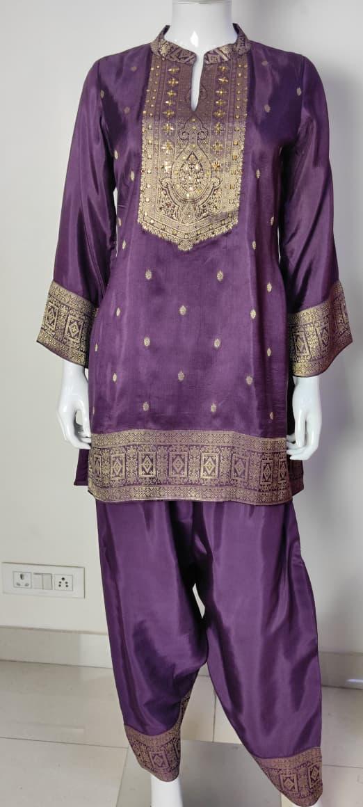 Wine Dola Silk Banarasi Jacquard Farshi Salwar Set