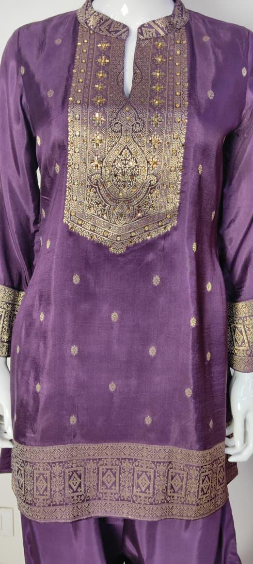 Wine Dola Silk Banarasi Jacquard Farshi Salwar Set