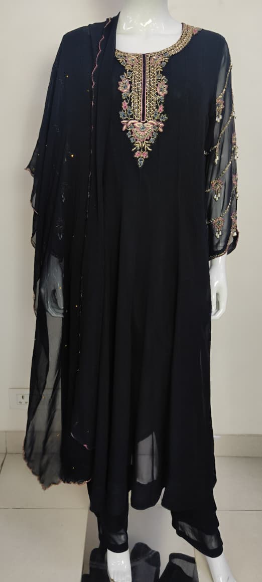 Black & Mehroon Pure Georgette Semi-Formal Anarkali Suit with Hand Embroidery