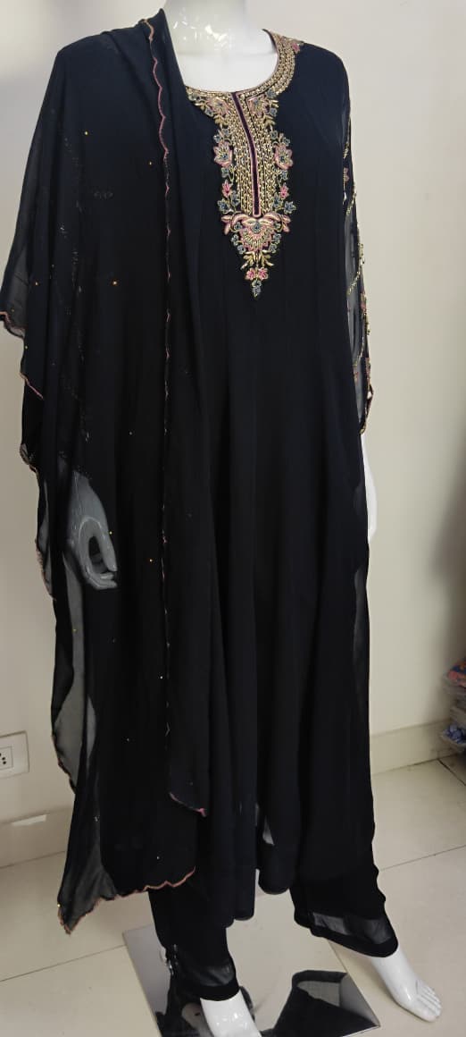 Black & Mehroon Pure Georgette Semi-Formal Anarkali Suit with Hand Embroidery