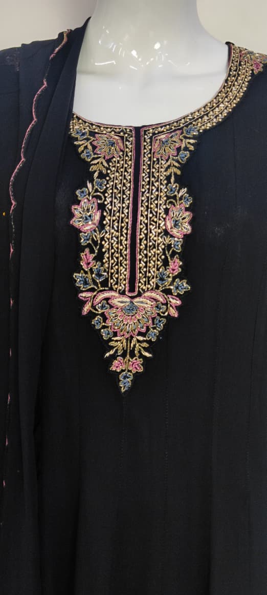 Black & Mehroon Pure Georgette Semi-Formal Anarkali Suit with Hand Embroidery