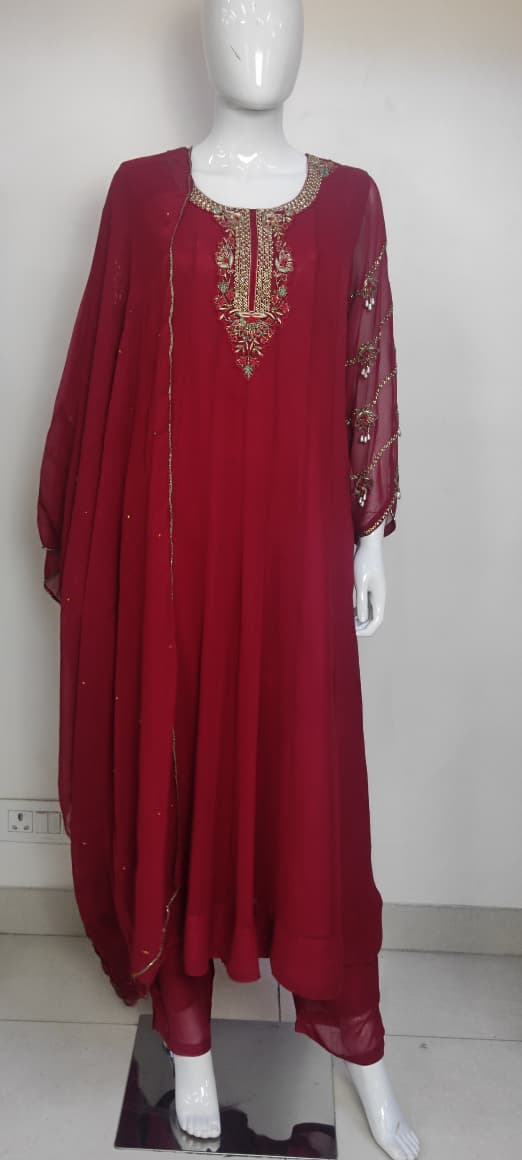 Black & Mehroon Pure Georgette Semi-Formal Anarkali Suit with Hand Embroidery