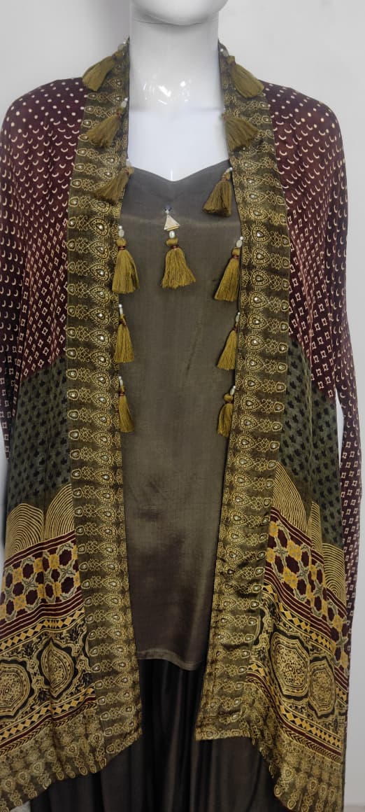 Green & Mehndi Pure Crape Ajrakh Print Indo-Western Dress with Cape Jacket