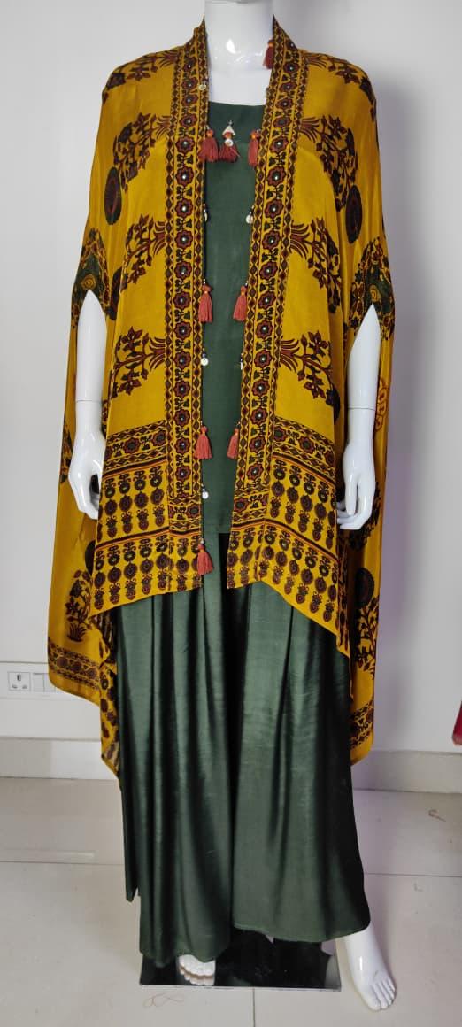 Green & Mehndi Pure Crape Ajrakh Print Indo-Western Dress with Cape Jacket
