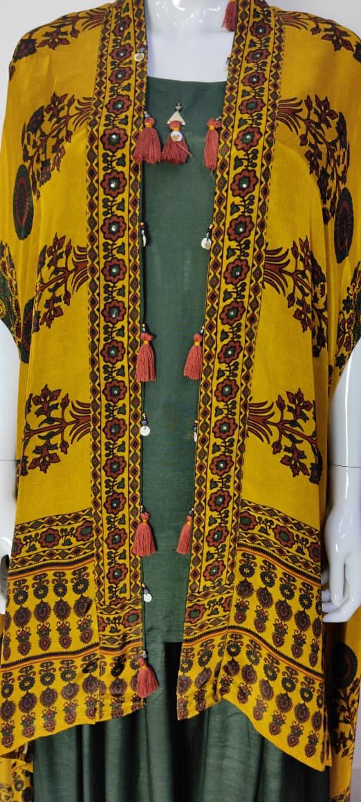 Green & Mehndi Pure Crape Ajrakh Print Indo-Western Dress with Cape Jacket