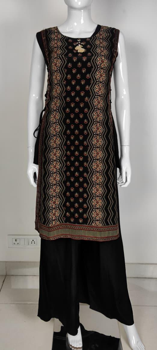 Black Pure Crepe Ajrakh Printed Indo-Western Co-ord Set with Hand Embroidery