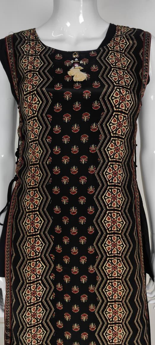 Black Pure Crepe Ajrakh Printed Indo-Western Co-ord Set with Hand Embroidery