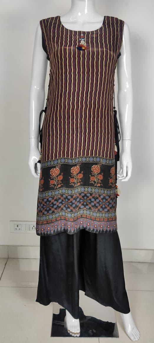 Black Pure Crepe Ajrakh Printed Indo-Western Co-ord Set with Hand Embroidery
