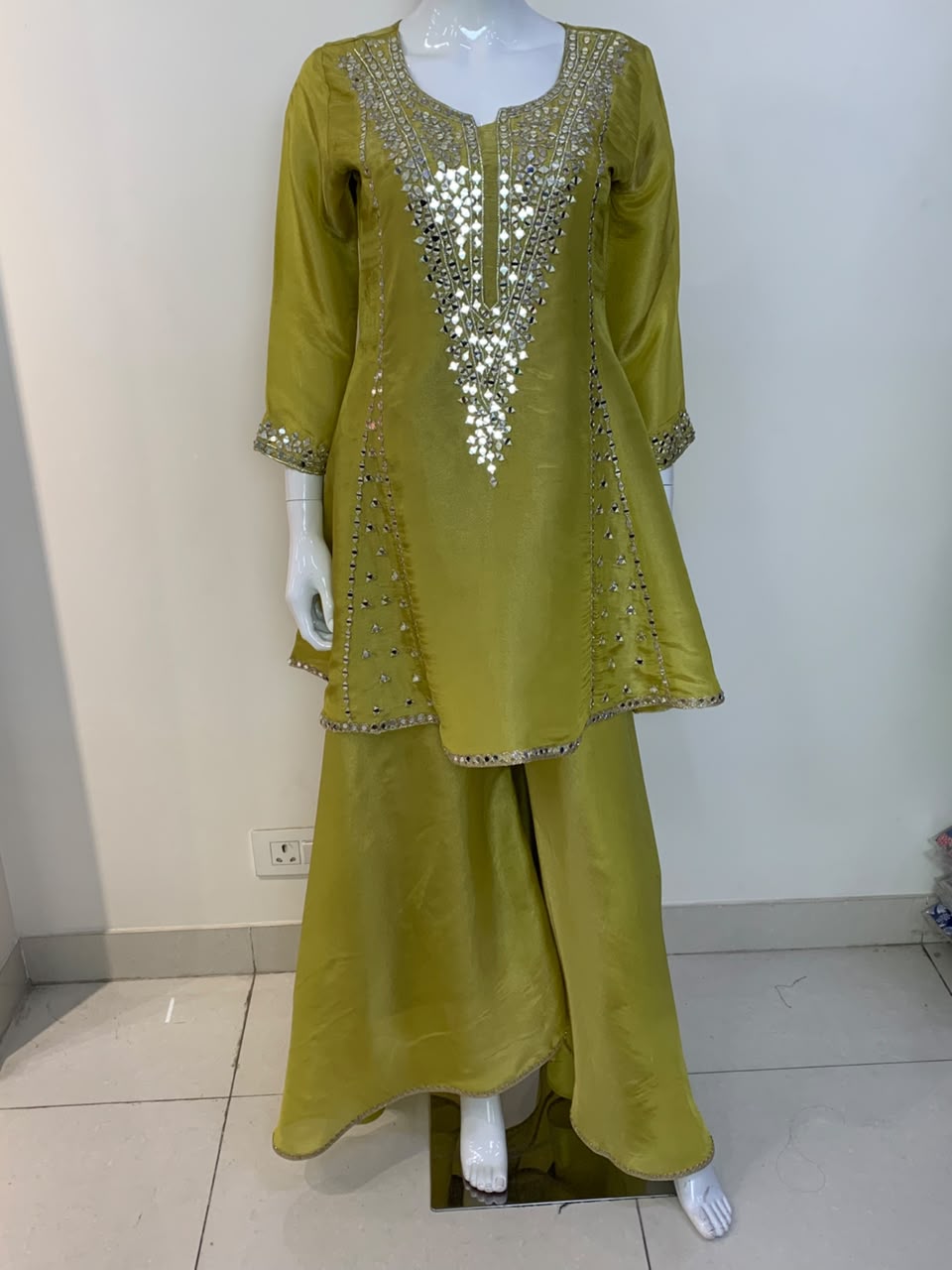 Green, Rust & Off-White Ivory Shimmer Tissue A-Line Anarkali Suit with Sharara & Dupatta