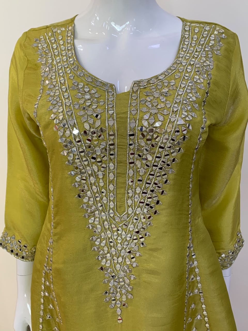 Green, Rust & Off-White Ivory Shimmer Tissue A-Line Anarkali Suit with Sharara & Dupatta