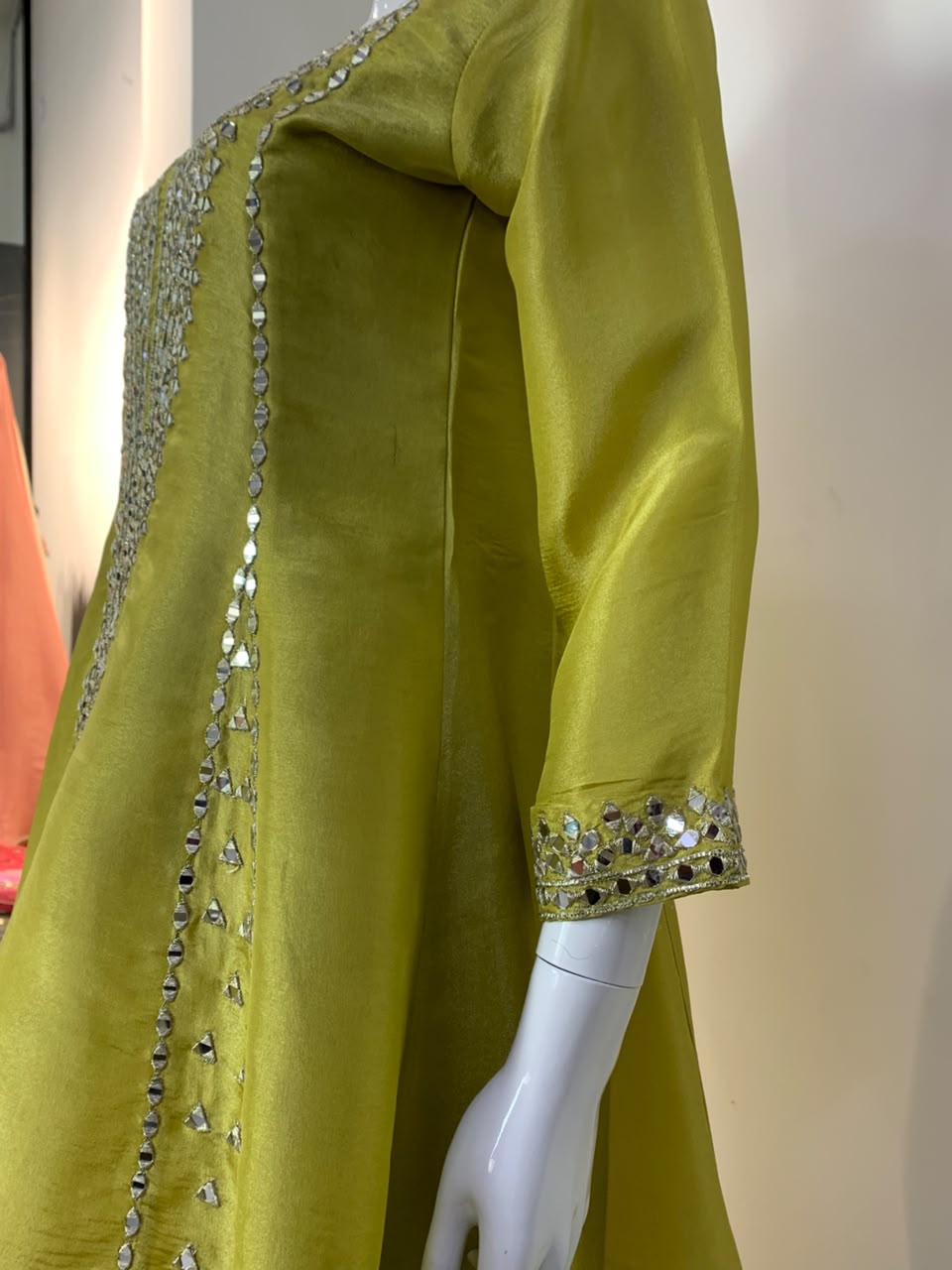 Green, Rust & Off-White Ivory Shimmer Tissue A-Line Anarkali Suit with Sharara & Dupatta