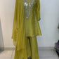 Green, Rust & Off-White Ivory Shimmer Tissue A-Line Anarkali Suit with Sharara & Dupatta