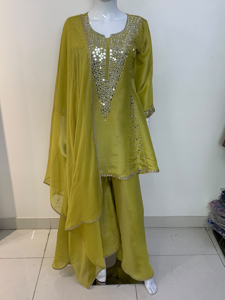 Green, Rust & Off-White Ivory Shimmer Tissue A-Line Anarkali Suit with Sharara & Dupatta
